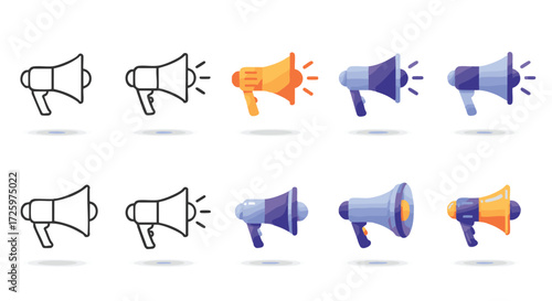 Collection of megaphone icons in various styles, including outline and colorful designs.