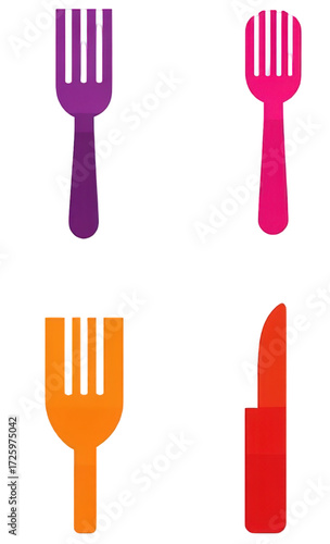 Set of colorful plastic forks and a knife illustration.