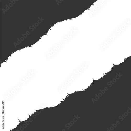 Diagonal torn paper effect with rough edges revealing a bright white background space for text