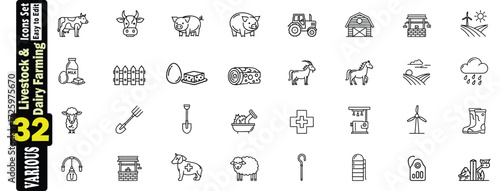 Livestock and Dairy Farming Line Art Icons Set (2). Various Farm Elements, livestock, dairy farming, farm, agriculture, windmill, elements, simple, clean, dairy, shovel, illustration. 