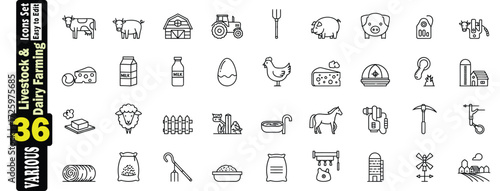 Livestock and Dairy Farming Line Art Icons Set.  36 Farm Elements, livestock, dairy farming, farm, agriculture, related, milk, illustration. 