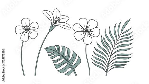 Delicate hand drawn tropical botanical illustration featuring exotic flowers and lush green palm leaves