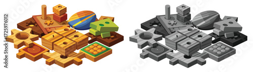 Pile of Colorful and Grayscale Wooden Toys and Blocks, building blocks, educational toys illustration. 