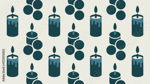A pattern of teal candles in varying sizes with sets of teal circles on a light beige background