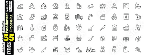 Post-Harvest Processing Icons Set. Vector Collection Of 55 Various Line Art Symbols, post-harvest, processing, storage, barn, design, oil, drying, icons, vector, symbols, easy, knife, illustration. 