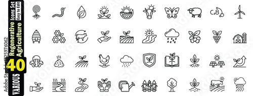 Regenerative Agriculture Icons Set (2). Vector Collection Of 40 Various Line Art Symbols, regenerative agriculture, farming illustration. 