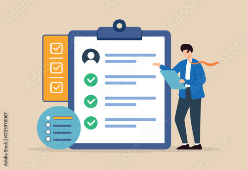 Flat illustration of human resource manager checking candidate questionnaire new hire onboarding checklist vacancy job business interview and HR recruitment
