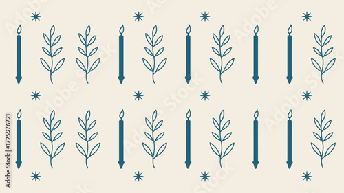 A pattern of candles branches and stars in a repeating design on a cream colored background surface