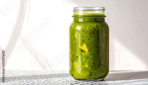 Green smoothie in a jar, sitting on a gray pattern surface, lit brightly, indoors