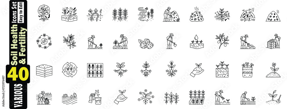 Obraz premium Soil Health and Fertility Icons Set. 40 Various Line Art editable Illustrations, soil, health, fertility, agriculture, testing, elements, earth, fertilizer, shovel vector art. 