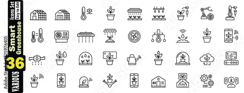 Smart Greenhouse Icons Set (2). 36 Various Line Art vectors. Including greenhouse, smart farming, agriculture, and technology.  fan, watering, modern, illustrations. 