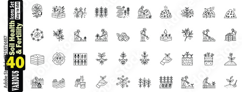 Soil Health and Fertility Icons Set. 40 Various Line Art editable Illustrations, soil, health, fertility, agriculture, testing, elements, earth, fertilizer, shovel vector art. 