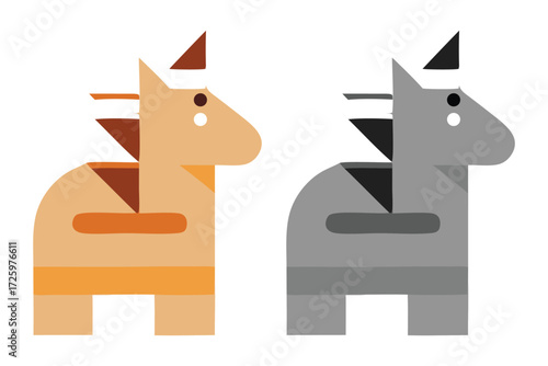 Two Stylized Geometric Horses, one orange one gray, on a White equine animal set.