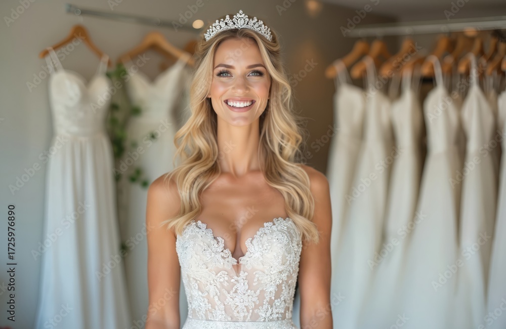 Naklejka premium Happy blonde bride smiles, trying on elegant wedding dress in salon. Beautiful woman wears tiara, showcasing bridal fashion. Lace gown details. Marriage preparation, bridal shop experience.