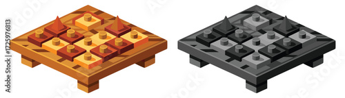 Wooden Game Board with Spiked Pieces in Warm Tones and Monochrome Gray table legs, cubes, isometric, grid, strategy, abstract, geometric, illustration. 