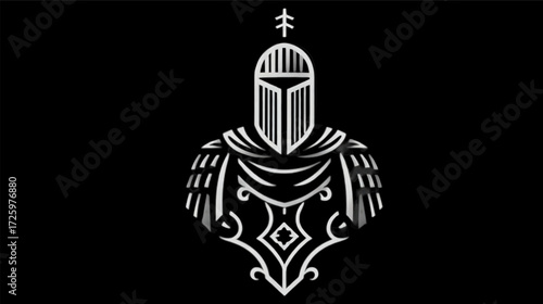 Stylized White Line Art Knight Bust Illustration.
