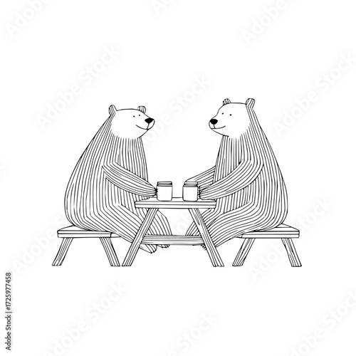 Two bears sitting at a picnic table with drinks in jars in a black and white line drawing illustration