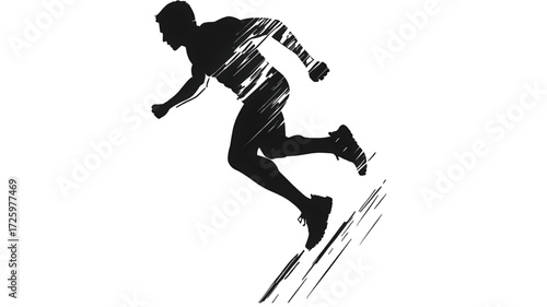 Dynamic sketchy silhouette of a male athlete sprinting forward.
