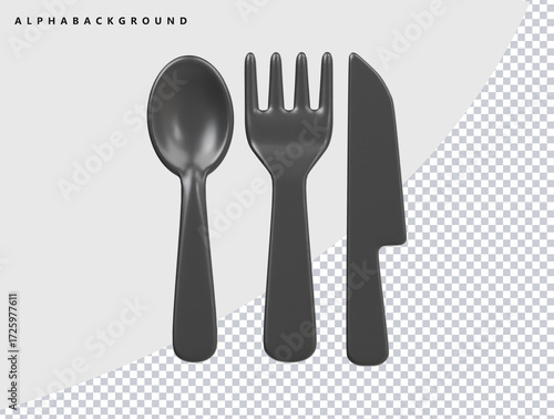 Black spoon, fork and knife 3d icon