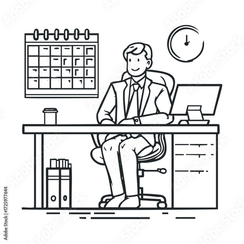 Business meeting setup with calendar and clock at a modern office. Vector black icon