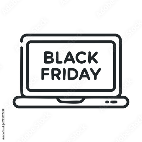 Black Friday shopping deals on a laptop screen for online buyers. Vector black icon