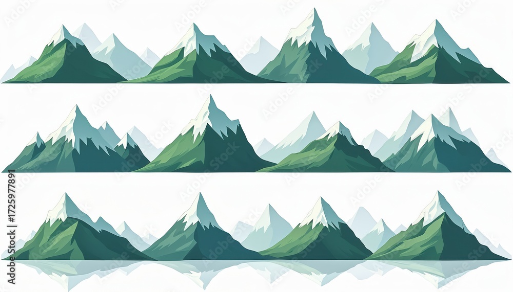Fototapeta premium Twelve stylized green mountain range illustrations featuring snowy peaks, diverse landscapes. Graphic design artwork with abstract geometric shapes, shadows, smooth textures, vibrant color tones.