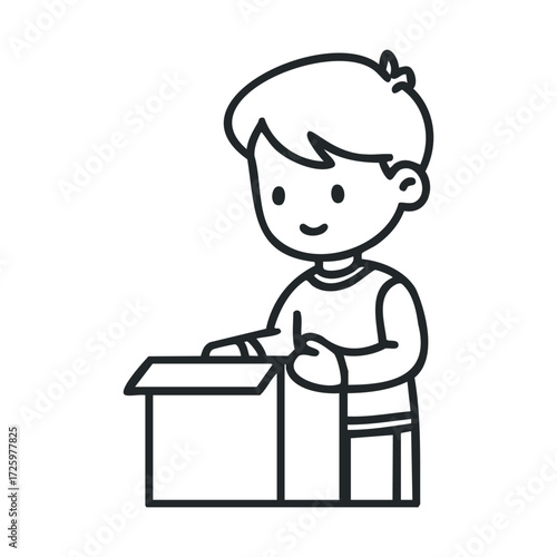 Excitement of a child unboxing a surprise gift at home. Vector black icon