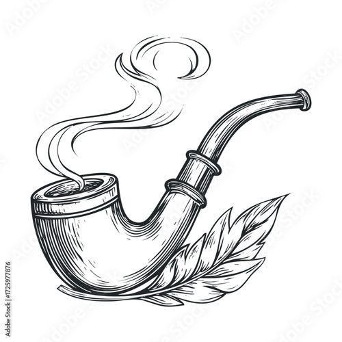 Relaxing moments with a vintage tobacco pipe and green leaves. Vector black icon