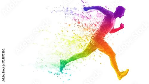 Dynamic athletic man sprinting with a colorful dispersion effect.