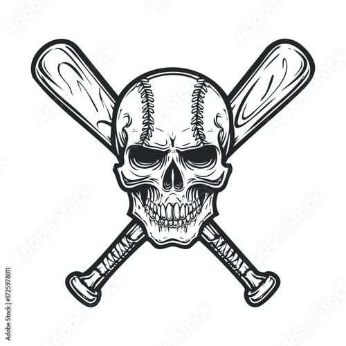 Skull and baseball bats design for sports themed merchandise. Vector black icon