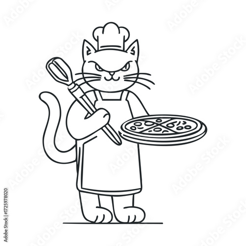 Whimsical cat chef preparing a delicious pizza creation. Vector black icon