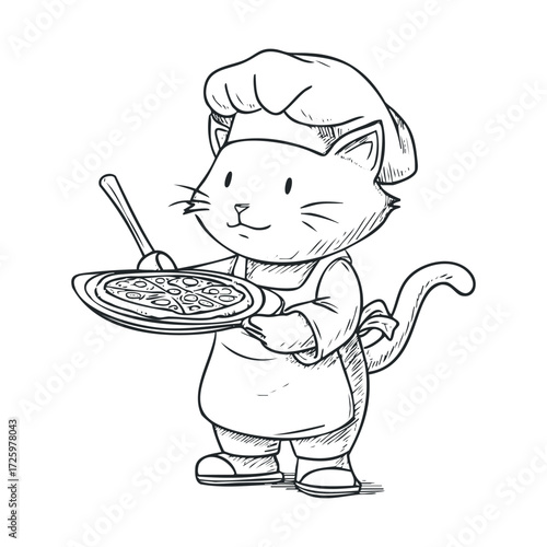 Cute cat chef preparing delicious pizza for customers. Vector black icon