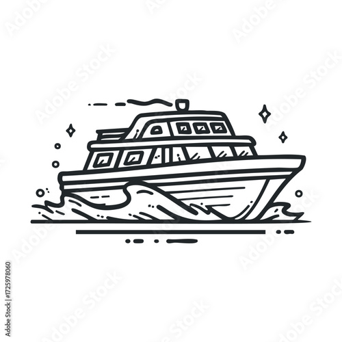 Elegant boat gliding through waves in a scenic environment. Vector black icon