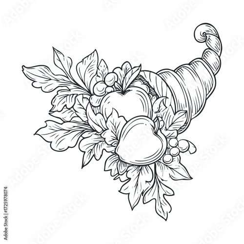 Cornucopia with apples and leaves for harvest festival celebration. Vector black icon
