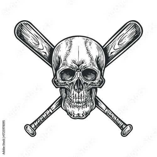 Skull with crossed baseball bats for sports merch design. Vector black icon
