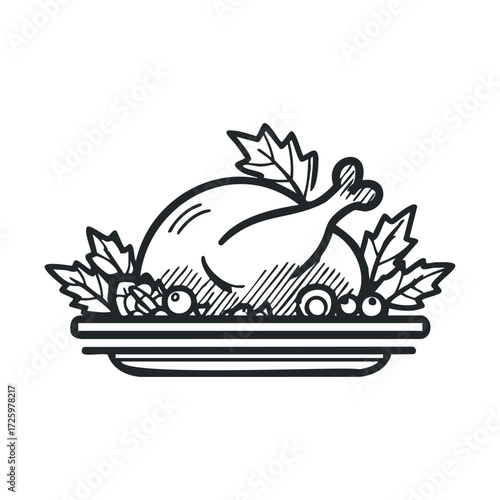 Perfectly roasted turkey on a festive platter for holiday meals. Vector black icon