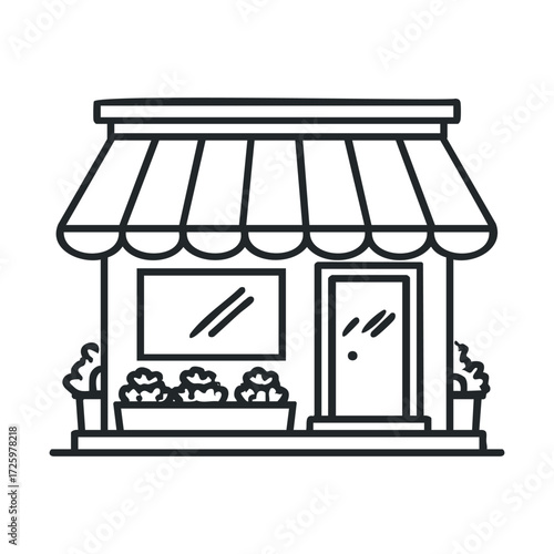 Charming bakery with awning and flower pots in a vibrant neighborhood. Vector black icon