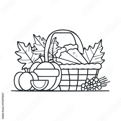 Autumn harvest basket filled with fruits and leaves for Thanksgiving. Vector black icon