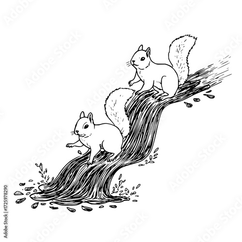 Two squirrels on a stylized branch with scattered seeds and leaves in a black and white illustration