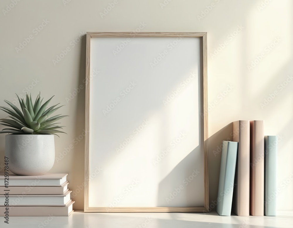 Fototapeta premium Minimalist interior scene features blank picture frame beside potted succulent and stacked books. Soft colors and clean lines create serene atmosphere. Perfect for showcasing art or photography.