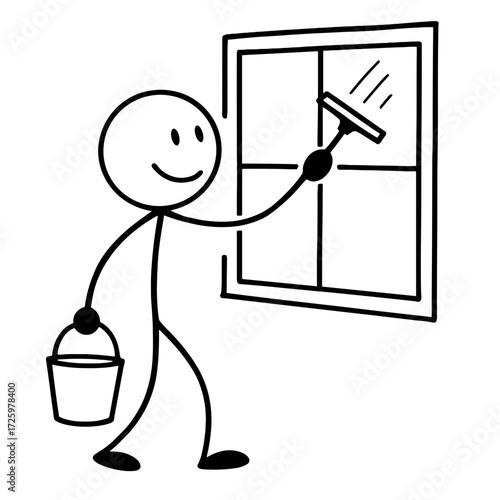 Stick figure cleaning window with squeegee and bucket in hand  