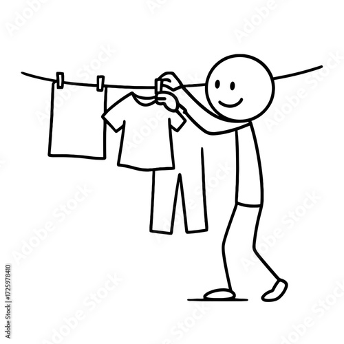 Stick figure hanging clothes on a line with a smile in black and white  