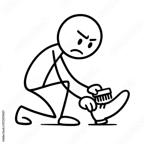 A stick figure cleans shoes with a brush while squatting.   