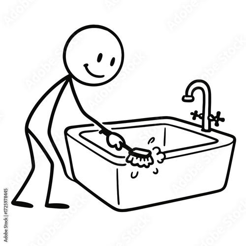 Stick figure cleaning kitchen sink with brush and smiling  