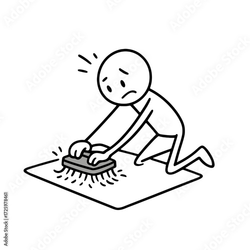 Stick figure cleaning the carpet with a brush 
