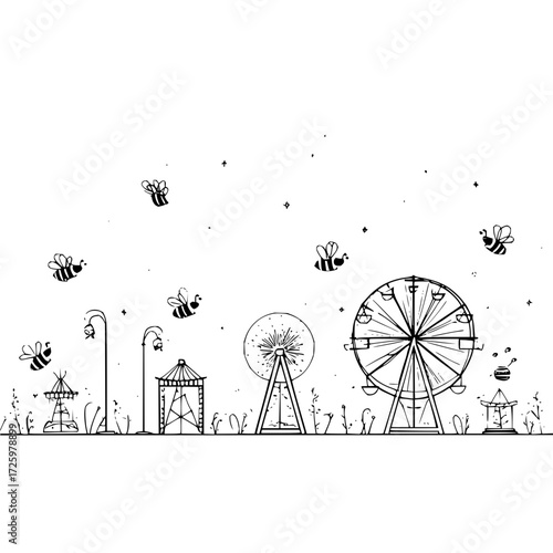 A whimsical black and white illustration of a carnival scene with bees and ferris wheels in view here