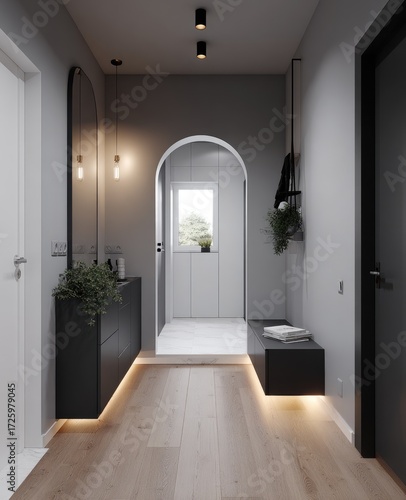 A modern hallway entryway design showcases sleek black cabinetry and warm light accents.