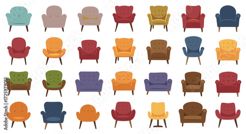 Collection of various colorful armchairs, each with unique designs and styles, arranged in rows.