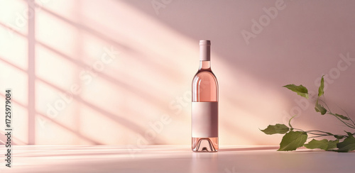 Pink Wine Bottle Mockup in Minimalist Pink Arrangement with Soft Window Light