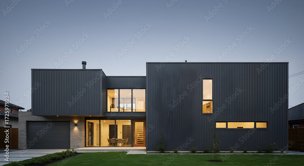 Obraz premium A house with a facade of vertical metal panels